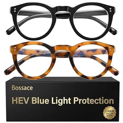 [Bossace] Bossace 2 Pack Round Blue Light Glasses for Women, TR90 Computer Glasses