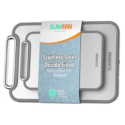 [Sumzzz] Sumzzz Stainless Steel Cutting Board for Kitchen, 2-in-1 Double-Sided Chopping Board, Food Grade Stainless Steel/PP (Silver, Set of 2(S+M))