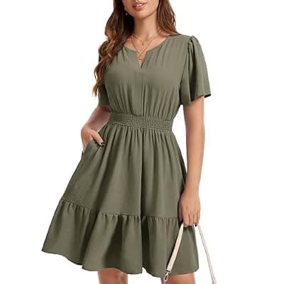 [MFAVIP] MFAVIP Womens 2026 Summer Casual Dress Ruffle Sleeve Elastic Waist A Line Boho Beach Vacation Sundress with Pockets