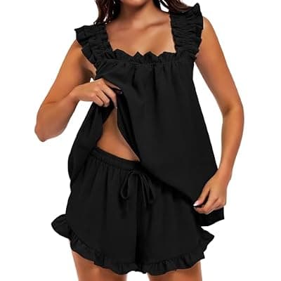 [SIMIYA] SIMIYA Pajama for Women Set 2 Piece Ruffle Pj Soft Tank Top and Shorts Bridal Pajamas Lightweight Summer Cute Sleepwear Shirt