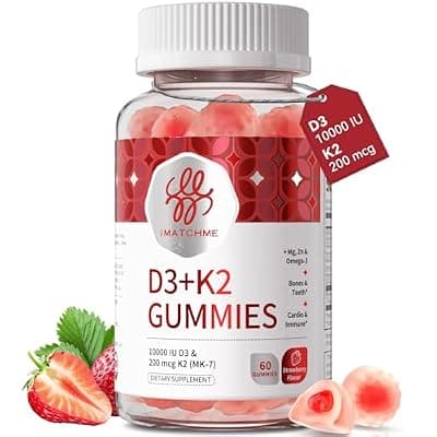 [iMATCHME] iMATCHME Vitamin D3 K2 Gummies for Adults, 10000 IU Vitamin D3 + 200 mcg K2 MK-7 with Omega-3, Magnesium & Zinc, Bone, Teeth, Heart & Immune Support, Sugar-Free Vegan, 60 Count(Pack of 1)