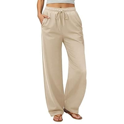 [keriffe] keriffe Womens Summer Casual Pants High Waisted Drawstring Beach Vacation Trousers with Pockets
