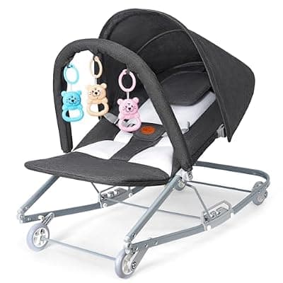 [HKAI] HKAI Rocking Baby Bouncer with Canopy, 2-Mode Rocking & Rolling Infant Seat, Portable Baby Chair for 0-18 Months, Grey