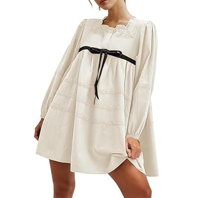 [Burtell] Burtell Women Flowy Long Puff Sleeve Mini Dress Casual Square Neck Lace Embroidered Babydoll Dress Bow Tie A-line Tunic Dress
