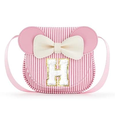 [Generic] Personalized Initial Girls Crossbody Bag, Minnie Mouse Ears Kids Purse with Glitter Letter, Adjustable Waist Fanny Pack for 3-8 Years Old (Pink Stripe, H)