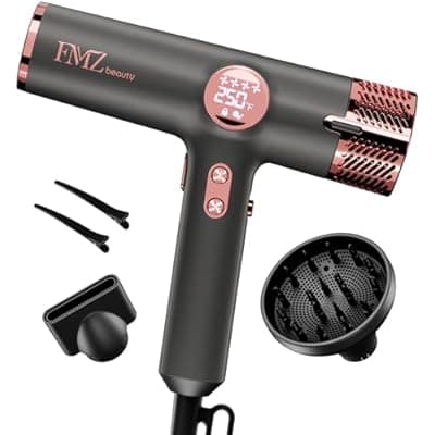 FMZ Professional Hair Blow Dryer with Diffuser, 1875W High Speed Brushless Motor for Fast Drying, Smart Display, Portable Small Light weight Low Noise, Curly Ionic Blowdryer for Women Men Salon Travel