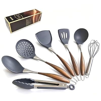 [RFSCDI] RFSCDI Silicone Cooking Utensil Set 7-Piece, Heat Resistant Kitchen Utensils Set Non-Stick with Wood Grain Handle, BPA-Free Spatula Set Dishwasher Safe (Space Gray)