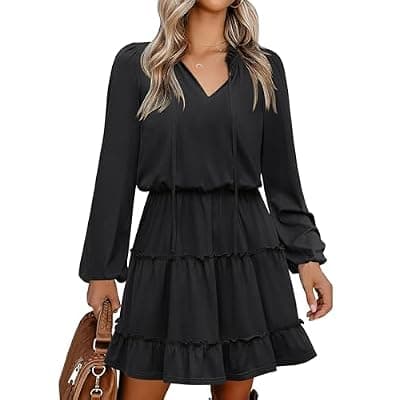 [Caracilia] Caracilia Long Sleeve Dress for Women Fall 2026 Casual V Neck High Waist Tiered Ruffle Aline Swing Tunic Short Mini Dresses