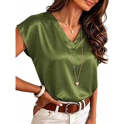 [RUMIA] RUMIA Satin Blouses for Women Dressy Casual V Neck Cap Sleeve Shirts 2026 Summer Business Work Blouse Outfits Trendy