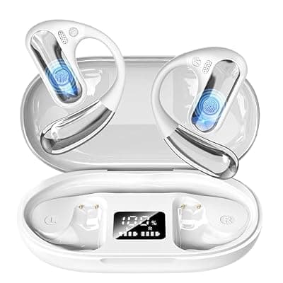 [CoolJumper] Open Ear Headphones, Bluetooth 5.4 Wireless Earbuds with Ear Hooks, 60H Playtime, AI Clear Call, LED Display Charging Case, IPX7 Waterproof Sports Earphones for Running Workouts Commute, White