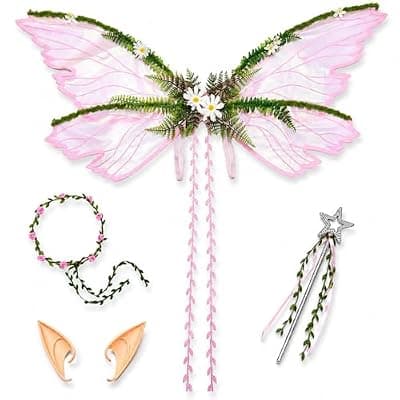 [BEFEIEULEAQ] Fairy Wings Set - 4 PCS Butterfly Wings with Elf Ears, Flower Crown & Wand