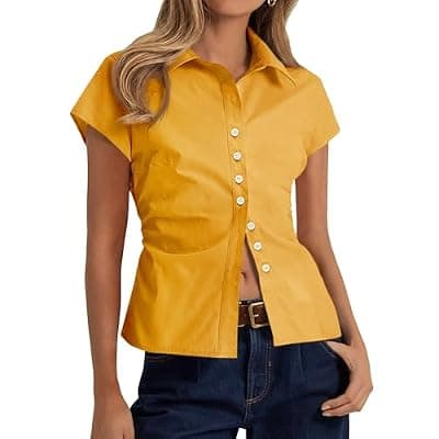 [Cicy Bell] Cicy Bell Womens Summer Button Down Shirts Short Sleeve Slim Fit Petite Ruched Cotton Blouses Cute Going Out Tops