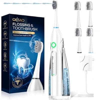 [OILSAO] OILSAO Electric Toothbrush with Water Flosser, 3-in-1 Sonic Flossing Toothbrush with 3 Modes & 5 Flossing Speeds & 4 Brush Heads, 30-Day Battery, Rechargeable & Portable for Adult Teeth Cleaning,White