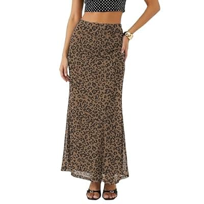 [BLENCOT] BLENCOT Womens Long Mesh Skirts Summer Boho Printed High Waisted A-Line Flowy Maxi Skirt for Beach Vacation