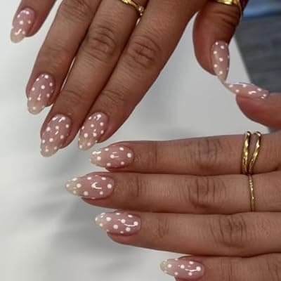 [HIXENIFY] Polka Dot Press On Nails Short Almond Nude Pink Fake Nails with Cute White dots Designs 24 PCS Reusable False Nails with Glue Tabs Full Cover Acrylic Stick on Nails for Women Manicure