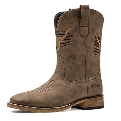 [MacePhenoMelon] Winbird Cowboy Boots For Men Square Toe Western Men's Boots Vegan/Genuine Leather with Classic Patriot Pull On Boot, Slip Resistant Country Boots Chunky Heel Short Boots for Spring Fall