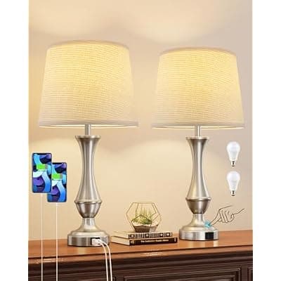 [Seealle] Seealle Upgraded Touch Lamps for Night Stands Set of 2 - Bedside Lamps with USB C+A, 3 Way Dimmable for Bedroom Living Room End Tables Office (Weaving White&Silver)