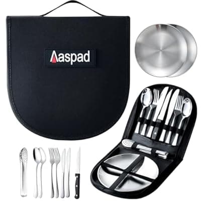 [Aaspad] Aaspad Full Size Stainless Steel Dish & Utensil Set Portable Picnic Mess Kit RV Camping Flatware Plate & Silverware Cutlery Dinnerware Packed 2 Fork,Spoon,Serrated Knife,Food Clip Outdoor Gift for Men