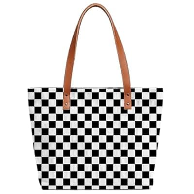[ZVUZVO] ZVUZVO Checkered Corduroy Tote Bag With Leather Handle for Women Men Gifts, Reusable Grocery Bags for Work Travel Shopping
