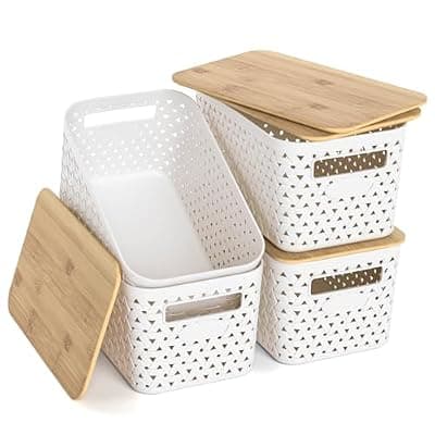 [ZFTMRR] ZFTMRR Plastic Storage Bins with Bamboo Lids, Stackable Small Box Baskets for Organizing and Containers for Shelves Drawers Desktop Closet Pantry Classroom Office Home, 4 Pack 12x7.3x6.2 Inch, White
