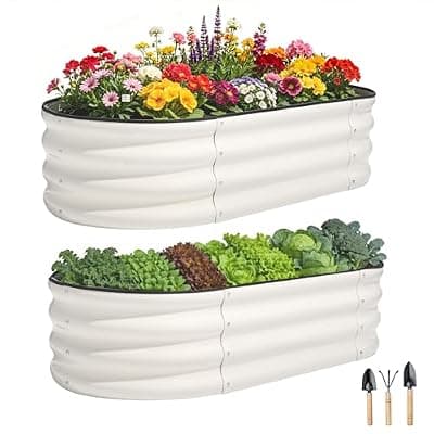 [OBENSKY] OBENSKY Galvanized Raised Garden Bed Outdoor 4x2x1ft(2 Pack), Oval Large Metal Planter Garden Boxes for Gardening, Planting Deep Root Vegetables, Herbs, Fruits, Flower, Rustproof, Rubber Strip, White