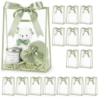 [BEFEIEULEAQ] BEFEIEULEAQ 16 Pcs Clear Gift Bags with Ribbon and Handles, 10 x 7 In | Reusable Transparent Favor Bags for Small Business, Bridesmaid Proposal, Wedding Party, Birthday, Baby Shower, Graduation