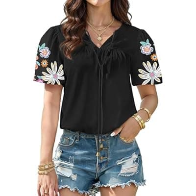 [Soesdemo] Soesdemo Womens Short Sleeve Tops V Neck Puff Sleeve Flowy Floral Peasant Blouses Loose Fit Casual Tie Front Shirts Black M