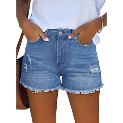 [MixShe] MixShe Womens Mid-High Waisted Stretchy Denim Shorts Distressed Ripped Jean Shorts Casual Summer Hot Pants