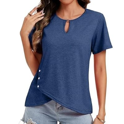 [MFAVIP] MFAVIP Womens Short Sleeve 2026 T-Shirts Crew Neck Summer Tops Casual Basic Trendy Cutout Tee Button Asymmetric Hem