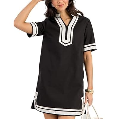 [QIBABU] QIBABU Linen Dress for Women Color Block Swimsuit Coverup Casual Shirt Dress with Pockets