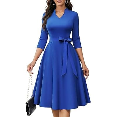 [HomRain] Fit and Flare Cocktail Dresses for Women Church Funeral Midi Homecoming Dress with Pockets Modest