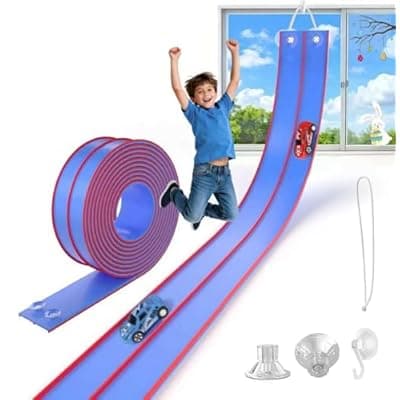 [DKOXT] 15 Ft Flexible Race Track for Kids, DIY Car Track Set with 3 Suction Cup Ramps, Easter Basket Stuffers for Teens & Boys Girls, Creative Easter Gifts for Kids, Sky Blue