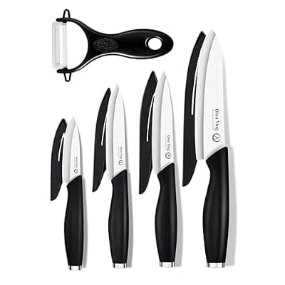 [Qianying] Ceramic Knife Set for Kitchen with Sheath: 100% Zirconia Pure Ceramic Sharp Blade Fruit Cutting Knives 9Pcs with Cover Rustproof Clean Cut Edge Black Handle, No Scratches on Titanium Cutting Boards
