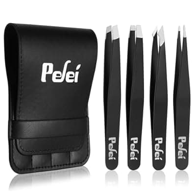 [Pefei] Pefei Tweezers Set - Professional Stainless Steel Tweezers for Eyebrows - Great Precision for Facial Hair, Splinter and Ingrown Hair Removal (Black)
