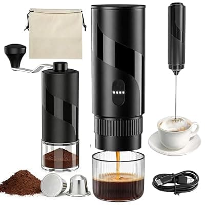 [ZTGHFMY] Portable Coffee Maker Set - Travel Coffee Maker, Electric Espresso Machine for Camping, Travel, Car, RV, Hiking, with Ground Coffee & Capsule Accessories, Milk Frother, Grinder, Gift for Coffee Lover