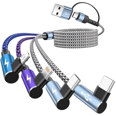 [Jogrytece] 90 Degree Phone Charger, 4 in 2 Multi Charging Cable, USB C CarPlay Cord Charger Cables with Dual Type-C, Micro USB, IP Port, Nylon USBC Cord Right Angle Compatible with Phone17/16/15, Android, 5FT