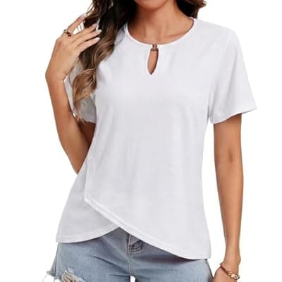 [MFAVIP] MFAVIP Womens Short Sleeve 2026 T-Shirts Crew Neck Summer Tops Casual Basic Trendy Cutout Tee Button Asymmetric Hem