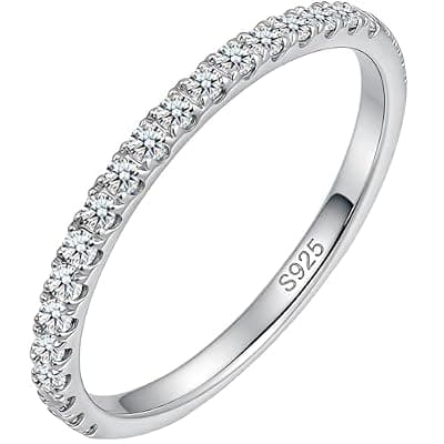 [WES] WES 1.5mm Moissanite Wedding Band - 925 Sterling Silver Half Eternity Round Stackable Moissanite Engagement Rings Anniversary Wedding Rings for Women, Size 4