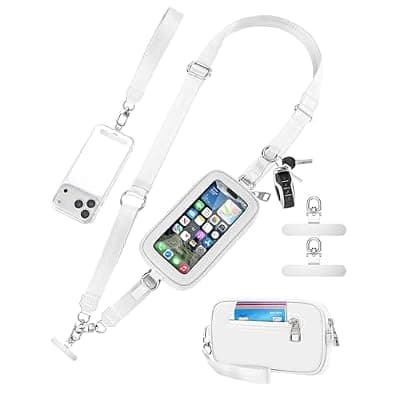 [SHANSHUI] Clip and Go Strap for Phone with Wallet Crossbody, Detachable Wristlet Strap Pocket with Zipper Phone Screen ID Window, 2 Pcs Metal Tether Patches Compatibe with iPhone and Most Smartphones White
