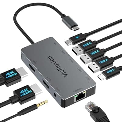[Vicfluxion] USB C Docking Station Dual Monitor, 9-in-1 USB Hub with 2 HDMI 4K@60HZ, 1×1000Mbps Ethernet, 3× USB 3.0, 1× Type C, 1× PD Charging, 1×3.5mm Audio, Dock for Laptop/Computer/Tablets/Windows