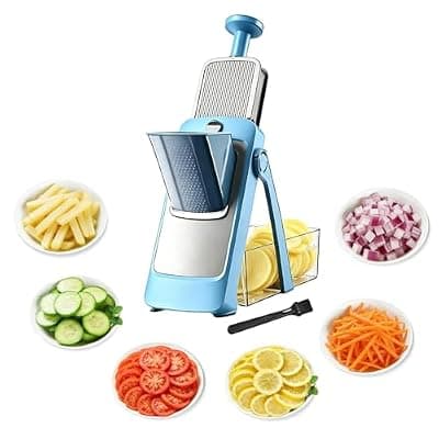 [JNHEST] JNHEST Upgraded Safe Mandoline Slicer for Kitchen, Potato Slicer for Chips, Multi Vegetable Chopper with Drain Basket Storage Container, Thickness Adjustable Versatile Faster Slice Artifact (Blue)