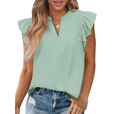 [Zenlonr] Zenlonr Womens Summer Tops 2026 Casual V Neck Ruffle Cap Sleeve Blouse Shirts Solid Color Tunic Tops