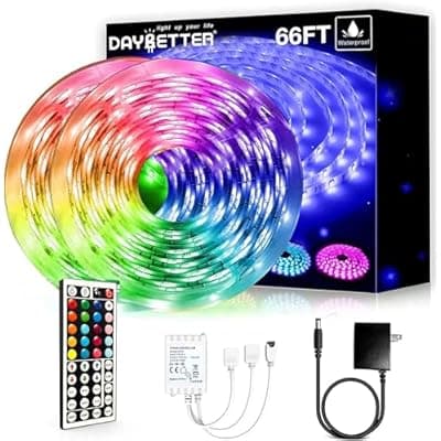 DAYBETTER Waterproof LED Light Strips 66ft, Outdoor LED Strip Lights Color Changing 5050 RGB LED Strip Lights with Remote Control, LED Lights for Indoor Outdoor Use, IP65 (2 Rolls of 33ft)