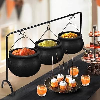 [ORIENTAL CHERRY] ORIENTAL CHERRY Halloween Decorations Indoor - Set of 3 Witches Cauldron Serving Bowls on Rack - Halloween Party Decorations Halloween Candy Bowl Black Plastic Cauldron for Home Kitchen Decor