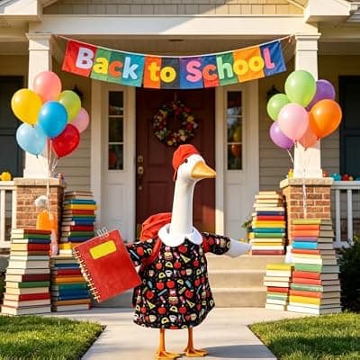 [yuboo] yuboo Back to School Porch Goose Outfit for 23 Inch Cement Goose Statue, Classroom Decor Geese with Red Hat, Red Backpack & Notebook, School Themed Lawn Geese Costume for Yard Decor