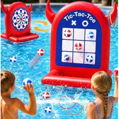 [Urqgnc] Pool Games Toys Set 3-in-1 Outdoor Water Toys with Throwing Balls & Ring Toss Inflatable Pool Toys for Kids Ages 4-8 Teens Adults Swimming Pool for Yard Beach Party Outdoor Games