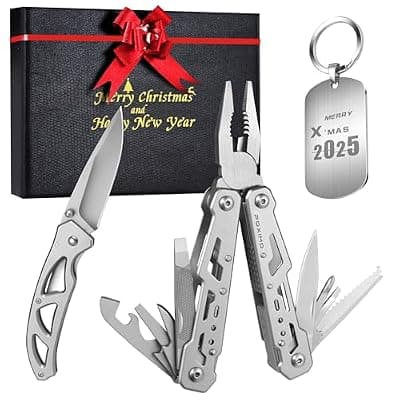 [POXIMO] Multitools Gift Set “Merry Christmas”, Christmas Gift 14-in-1 Multi-tool Pliers & Folding Knife Set with Keychain Tag, 3-Piece EDC Kit for Camping, Hiking - Premium Gifting Box for Christmas