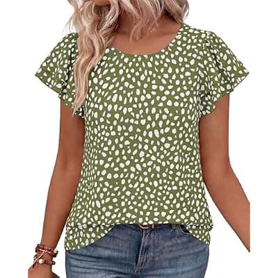 [Zenlonr] Zenlonr Womens Short Ruffle Sleeve Tops, 2026 Crewneck Leopard Shirts,Summer Casual Blouses for Work,Going Out&Daily Wear
