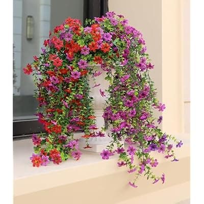 [Obmnor] Artificial Hanging Flowers for Outdoors, 4 Pack Fake Hanging Plant for Spring Summer Decor, UV Resistant Faux Silk Flower for Planter Porch Patio Balcony Yard Decoration ( Light Purple & Rose Red)