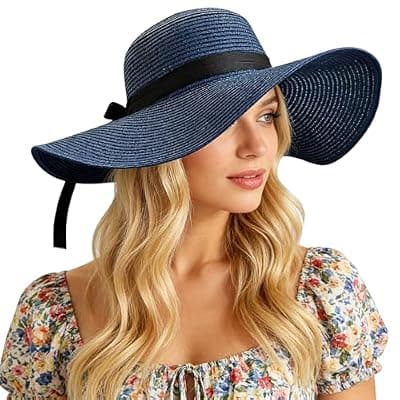 [Skdgih] Womens Wide Brim Straw Sun Hat UPF 50+ UV Protection Foldable Summer Beach Travel Hat